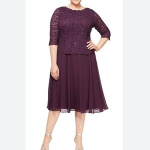 Alex Evenings Popover Lace Bodice A Line Chiffon Dress Size 16W Women Deep Plum